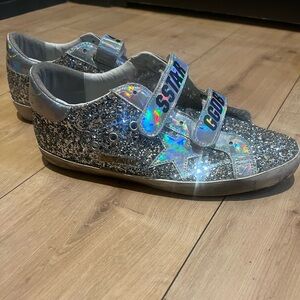 Golden Goose Silver Glitter Star Sneakers with Holographic Straps